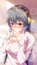 Rule 34 | 10s, 1girl, :o, alternate costume, bed sheet, black hair, blush, breasts, brown eyes, cleavage, cleavage cutout, clothing cutout, coffee mug, cup, hair between eyes, hair ornament, hairclip, haruna (kancolle), headband, headgear, highres, holding, holding cup, hot chocolate, kantai collection, light particles, light rays, long hair, long sleeves, looking at viewer, meme attire, morning, mug, nose blush, on bed, open-chest sweater, orange eyes, parted lips, ribbed sweater, sleeves past wrists, solo, steam, striped, sunbeam, sunlight, sweater, turtleneck, upper body, vertical stripes, very long hair, yuumaru (you-mya)