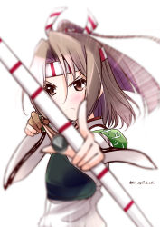 Rule 34 | 10s, 1girl, aiming, aiming at viewer, archery, bow (weapon), brown eyes, brown hair, foreshortening, hachimaki, headband, kantai collection, kyuudou, long hair, mikage takashi, muneate, one-hour drawing challenge, ponytail, solo, upper body, weapon, wide sleeves, zuihou (kancolle)