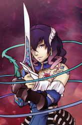 Rule 34 | 1girl, armor, artist request, asymmetrical sleeves, bad id, bad tumblr id, black hair, bloodstained: ritual of the night, blue eyes, brown hair, dual wielding, earrings, faulds, gauntlets, gradient hair, hair between eyes, highres, holding, horns, jewelry, miriam (bloodstained), mismatched sleeves, multicolored hair, pale skin, short hair, single gauntlet, solo, stained glass, sword, tattoo, upper body, weapon, whip