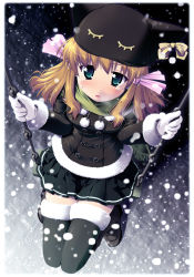 Rule 34 | 1girl, animal hat, blush, cat hat, from above, fur trim, gloves, green scarf, hat, loafers, ribbon, sad, scarf, shoes, simk, snow, snowing, solo, swing, tears, thighhighs, twintails, white gloves, winter, yamabuki zarame, zettai ryouiki