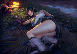 Rule 34 | 1girl, arknights, artist name, ass, bare shoulders, black gloves, black hair, black panties, boots, breasts, chinese clothes, closed eyes, earrings, full body, gloves, gourd, grass, hair ornament, holding, horns, jewelry, lantern, large breasts, ling (arknights), lips, lying, on side, outdoors, panties, pointy ears, raphire, shoe soles, sleeping, solo, thighs, underwear, water, white footwear