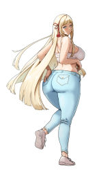 Rule 34 | 1girl, absurdres, ass, bare arms, bare shoulders, blonde hair, blue eyes, blush, breasts, curvy, denim, dryseaweed, full body, hand on ass, highres, huge ass, jeans, large breasts, last origin, legs, leona of blood &amp; iron, long hair, looking back, pants, shoes, sideboob, solo, standing, thick thighs, thighs, very long hair, white background, wide hips