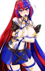 Rule 34 | 1girl, absurdres, alear (female) (fire emblem), alear (fire emblem), blue eyes, blue gloves, blue hair, cape, crossed bangs, fire emblem, fire emblem engage, gloves, hair between eyes, heterochromia, highres, long hair, looking at viewer, multicolored hair, nintendo, open mouth, red eyes, red hair, skirt, smile, solo, split-color hair, thighhighs, tiara, to (tototo tk), two-tone hair, very long hair, white background