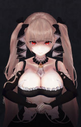 Rule 34 | 1girl, absurdres, azur lane, bare shoulders, between breasts, black background, black dress, black nails, breasts, cleavage, clothing cutout, detached collar, dress, formidable (azur lane), frilled dress, frills, gothic lolita, highres, jewelry, large breasts, lolita fashion, long hair, looking at viewer, nail polish, neckwear between breasts, red eyes, ribbon, ring, shoulder cutout, signature, simple background, solo, sui yamami, twintails, two-tone dress, two-tone ribbon, very long hair, wedding ring