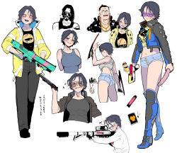 Rule 34 | +++, 1girl, 2boys, :d, absurdres, ass, black footwear, black hair, black pants, blue lips, blue shorts, blush, bra, breasts, closed mouth, colored sclera, dildo, goggles, green bra, grey hair, grin, gun, handgun, highres, holding, holding gun, holding sex toy, holding weapon, jacket, jackie welles, johnny silverhand, large breasts, laughing, lipstick, looking at viewer, makeup, mantis blades (cyberpunk), miitoban, mouth hold, multiple boys, open mouth, original, pants, red eyes, red sclera, rifle, seductive smile, sex toy, short hair, short shorts, shorts, smile, sniper rifle, sunglasses, underwear, v (cyberpunk), weapon, wide-eyed
