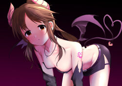 Rule 34 | 1girl, bare shoulders, belt, bow, breasts, brown eyes, brown hair, cleavage, collarbone, crop top, demon horns, demon tail, demon wings, ear piercing, elbow gloves, gloves, gradient background, heart, heart tattoo, horns, idolmaster, idolmaster cinderella girls, idolmaster cinderella girls starlight stage, jewelry, leaning forward, long hair, looking at viewer, miniskirt, necklace, parted lips, piercing, side slit, skirt, small breasts, solo, sousakubito, standing, tail, takamori aiko, tattoo, wings