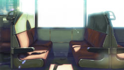 Rule 34 | blurry, bokeh, cloud, depth of field, highres, isai shizuka, japanese text, no humans, original, poster (object), scenery, shade, text focus, train, train interior, translation request