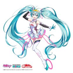 Rule 34 | 1girl, absurdly long hair, boots, breasts, character name, commentary request, copyright name, covered navel, elbow gloves, gloves, goodsmile racing, hatsune miku, logo, long hair, looking at viewer, medium breasts, miniskirt, morikura en, open mouth, racing miku, racing miku (2021), simple background, skirt, sleeveless, smile, solo, thigh boots, thighhighs, twintails, very long hair, vocaloid, white background