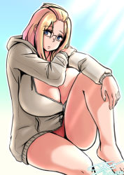 Rule 34 | 1girl, 2020, absurdres, bangs pinned back, barefoot, blonde hair, blue background, blue eyes, borrowed character, breasts, breasts on lap, cleavage, commentary, curvy, dated, english commentary, folded hair, glasses, hair pulled back, highres, holding own arm, hood, hoodie, huge breasts, inne sulistya robin, leg up, long hair, looking at viewer, norman maggot, original, panties, red panties, sidelocks, signature, sitting, solo, taiyudraws, thighs, underwear, unzipped