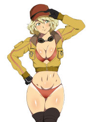 Rule 34 | 10s, 1girl, bikini, blonde hair, breasts, cidney aurum, cleavage, cropped jacket, final fantasy, final fantasy xv, gloves, goggles, goggles around neck, green eyes, hand on own hip, hat, highres, kagemusha, looking to the side, medium breasts, navel, red bikini, shiny skin, short hair, simple background, skindentation, smile, solo, swimsuit, tan, tanline, thighs, underwear
