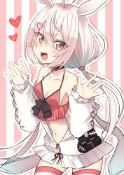 Rule 34 | 1girl, ahoge, animal ears, arms up, breasts, camisole, choker, cleavage, commentary request, hair ornament, hairclip, highres, jacket, long hair, low twintails, midriff, navel, off shoulder, oomori (kswmr), open mouth, pink eyes, pink hair, rabbit ears, red camisole, simple background, small breasts, smile, solo, striped background, striped clothes, striped thighhighs, thighhighs, tomari mari, tomari mari channel, twintails, very long hair, virtual youtuber, white jacket