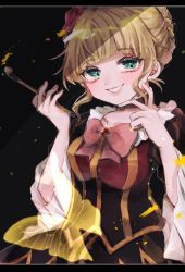 Rule 34 | beatrice (umineko), blonde hair, bug, butterfly, dress, flower, frilled sleeves, frills, green eyes, hair flower, hair ornament, holding, holding smoking pipe, insect, pink ribbon, red flower, red rose, ribbon, rose, simple background, smile, smoking pipe, solo, tanakani39, umineko no naku koro ni, wide sleeves, yellow butterfly