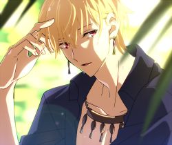 Rule 34 | 1boy, alternate hairstyle, blonde hair, chietori, close-up, collarbone, earrings, fate/grand order, fate (series), gilgamesh (fate), hand in own hair, hand up, jewelry, looking at viewer, male focus, necklace, official alternate costume, open mouth, pectorals, red eyes, solo, summer, sunlight, toned, upper body, wet, wet hair