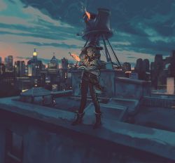 Rule 34 | 1girl, black footwear, black hat, book, boots, brown hair, building, city, cityscape, cloud, cloudy sky, earrings, fire, hat, highres, holding, holding book, jewelry, klegsart, long hair, open book, original, outdoors, sky, solo, standing, wide shot, witch hat