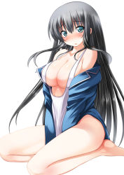 Rule 34 | 1girl, alric, aqua eyes, bare shoulders, barefoot, black hair, blush, breasts, large breasts, long hair, looking at viewer, original, seiza, simple background, sitting, solo, swimsuit, very long hair, white background
