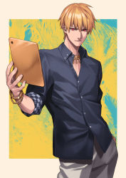 Rule 34 | 1boy, bad id, bad pixiv id, black shirt, blonde hair, bracelet, closed mouth, earrings, fate/grand order, fate (series), gilgamesh (establishment) (fate), gilgamesh (fate), hair between eyes, hand in pocket, highres, holding, jacket, jewelry, looking at viewer, necklace, official alternate costume, pants, red eyes, shirt, short hair, sleeves rolled up, sora yoshitake yuda, standing
