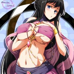 Rule 34 | 1girl, arabian clothes, bare shoulders, black hair, blue eyes, blush, bracelet, breast hold, breasts, character name, groin, gundam, gundam 00, jewelry, large breasts, long hair, looking at viewer, marina ismail, navel, o-ring, o-ring top, parted lips, runaru, shawl, sidelocks, solo, stomach, swept bangs, upper body, very long hair