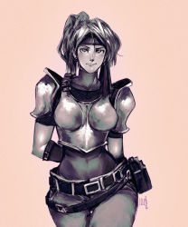 Rule 34 | 1girl, armor, belt, belt pouch, bodysuit, bodysuit under clothes, breastplate, breasts, commentary, contrapposto, david liu, earrings, english commentary, final fantasy, final fantasy vii, final fantasy vii remake, fishnets, greyscale, headband, highres, impossible armor, jessie rasberry, jewelry, long hair, medium breasts, monochrome, multiple belts, narrow waist, pauldrons, pouch, shoulder armor, solo, square enix, standing, wide hips