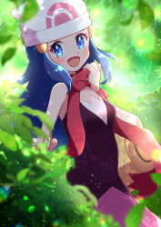Rule 34 | 1girl, bag, bare shoulders, blue eyes, blue hair, blush, breasts, bush, creatures (company), dawn (pokemon), game freak, hair ornament, haru (haruxxe), hat, headwear request, highres, holding, holding bag, long hair, nature, nintendo, open mouth, pokemon, pokemon dppt, scarf, skirt, sleeveless, small breasts