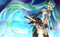 Rule 34 | 1girl, bad id, bad pixiv id, breasts, bridal gauntlets, center opening, green eyes, green hair, hatsune miku, hatsune miku (append), kingchenxi, long hair, matching hair/eyes, open mouth, skirt, solo, thighhighs, twintails, very long hair, vocaloid, vocaloid append