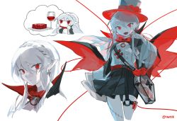 Rule 34 | 1girl, :d, arknights, ascot, bag, belt, black cape, black skirt, bow, bowtie, braid, cape, character name, chibi, chibi inset, colored skin, cowboy shot, crown braid, cup, drinking glass, fangs, hand up, highres, iwis, looking at viewer, multiple views, official alternate costume, open mouth, pointy ears, raw meat, red belt, red bow, red bowtie, red eyes, red ribbon, ribbon, scar, scar across eye, scar on face, see-through, shoulder strap, skirt, smile, stitches, vial, warfarin (arknights), warfarin (the feast) (arknights), white ascot, white background, white skin, wine glass