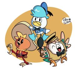 Rule 34 | belt, bird, black bow, blue headwear, bow, bowtie, closed umbrella, commentary, cosplay, creatures (company), donald duck, donald duck (cosplay), ducktales, english commentary, game freak, gen 3 pokemon, gen 7 pokemon, hat, highres, holster, jose carioca, jose carioca (cosplay), nintendo, no humans, open mouth, panchito pistoles, panchito pistoles (cosplay), pokemon, pokemon (creature), quaxly, renstar, rowlet, simple background, sombrero, the three caballeros, torchic, umbrella