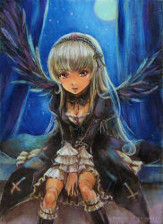 Rule 34 | 00s, 1girl, boots, breasts, cleavage, doll joints, dress, frills, hairband, highres, joints, knee boots, moon, night, night sky, oil painting (medium), painting (medium), purple eyes, rozen maiden, silver hair, sky, small breasts, smile, solo, suigintou, tafuto, traditional media, wings
