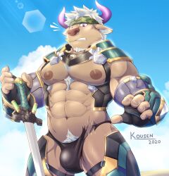 Rule 34 | 1boy, abs, animal ears, armor, bara, bare pectorals, black male swimwear, brown fur, bulge, camouflage, camouflage headwear, cow ears, cow horns, cowboy shot, facial hair, furry, furry male, goatee, hands up, highres, horns, japanese armor, kousen, large pectorals, male focus, male swimwear, mature male, mechanical legs, minotaur, muscular, muscular male, muted color, navel, nipples, notice lines, pectorals, purple horns, shennong (housamo), short hair, solo, standing, stomach, swim briefs, swimsuit, sword, testicle peek, thick thighs, thighs, tokyo houkago summoners, torn clothes, torn swimsuit, weapon, white hair