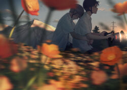 Rule 34 | 2boys, absurdres, blurry, blurry foreground, crying, flower, helmet, highres, macaronk, male focus, motorcycle helmet, mountain, multiple boys, on motorcycle, original, outdoors, profile, shirt, short hair, white shirt