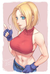 Rule 34 | 1girl, armpits, bare shoulders, belt, black gloves, blonde hair, blue eyes, blue mary, breasts, clothes pull, crop top, dated, fingerless gloves, gloves, halterneck, index finger raised, large breasts, looking at viewer, midriff, navel, parted lips, shirt, short hair, smile, solo, taut clothes, taut shirt, tenjou tsuki, the king of fighters, toned, upper body