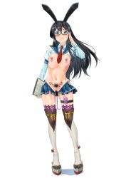 Rule 34 | 1girl, black hair, breasts, female pubic hair, full body, glasses, green eyes, hairband, heart, heart tattoo, highres, hip vent, kantai collection, lace, lace-trimmed legwear, lace trim, long hair, long sleeves, meme attire, mikan 29344886, navel, nipple piercing, nipple rings, nipples, object insertion, ooyodo (kancolle), ooyodo kai (kancolle), piercing, pubic hair, pubic tattoo, remote control vibrator, revealing clothes, reverse bunnysuit, reverse outfit, ribbon, school uniform, semi-rimless eyewear, serafuku, sex toy, simple background, small breasts, solo, standing, tattoo, thigh strap, thighhighs, under-rim eyewear, vaginal, vaginal object insertion, vibrator, white background, white ribbon