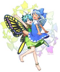 Rule 34 | 2girls, anklet, antennae, arm up, bare legs, barefoot, blue bow, blue dress, blue eyes, blue hair, bow, butterfly wings, cirno, closed eyes, commentary request, dress, eternity larva, green dress, hair bow, hair ornament, insect wings, jewelry, leaf hair ornament, leg lock, multiple girls, no wings, puffy short sleeves, puffy sleeves, short dress, short hair, short sleeves, smile, tanned cirno, tansan daisuki, touhou, white background, wings