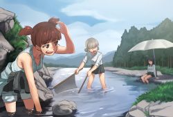 Rule 34 | 10s, 3girls, aki (girls und panzer), angry, arm support, bad id, bad pixiv id, beach umbrella, blue jacket, blue pants, brown hair, camp, casual, closed eyes, clothes around waist, cloud, cloudy sky, day, dress shirt, fang, female focus, fishing, fishing net, forest, frown, girls und panzer, grey skirt, hair tie, holding, ichihyaku nanajuu, jacket, jacket around waist, light brown hair, long hair, looking at another, looking back, mika (girls und panzer), mikko (girls und panzer), multiple girls, nature, no pupils, open mouth, outdoors, pants, pants rolled up, raglan sleeves, red eyes, red hair, shading eyes, shirt, short hair, short twintails, sitting, skirt, sky, sleeves rolled up, smile, standing, stream, tank top, twintails, umbrella, wading, wet, wet clothes, white shirt