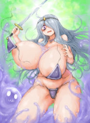 Rule 34 | 1girl, 2b-ge, ahoge, areola slip, armor, bags under eyes, bikini armor, bouncing breasts, bow, breasts, bursting breasts, cleavage, gigantic breasts, grey hair, hair over one eye, highres, holding, holding weapon, huge breasts, long hair, mei (2b-ge), no pupils, open mouth, original, purple eyes, slime (creature), solo focus, sword, undressing, wardrobe malfunction, weapon