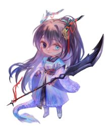 Rule 34 | 1boy, black eyes, black hair, blue eyes, closed mouth, coat, dragon horns, dragon tail, e.g.o (project moon), full body, guan dao, heterochromia, high ponytail, holding, holding weapon, hong lu (project moon), horns, huanxue, limbus company, long hair, long sleeves, looking at viewer, polearm, project moon, scales, simple background, smile, solo, tail, very long hair, weapon, white background, white coat, wide sleeves