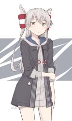 1girl, amatsukaze (kancolle), black coat, brown eyes, coat, contrapposto, cowboy shot, drawstring, dress, grey dress, hair tubes, hood, hooded dress, hoodie, kantai collection, kusakasima, lifebuoy ornament, long hair, looking at viewer, official alternate costume, silver hair, solo, standing, two-tone background, two side up, white background, windsock