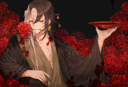 Rule 34 | 1boy, alternate costume, ashiya douman (fate), asymmetrical hair, bishounen, black eyes, black hair, blood, blood on clothes, chrysanthemum, cup, earrings, fate/grand order, fate (series), fingernails, flower, hair between eyes, holding, japanese clothes, jewelry, kimono, long hair, looking at viewer, magatama, magatama earrings, male focus, mouth hold, multicolored hair, onmyouji, open clothes, open kimono, pectorals, purionpurion, red flower, sakazuki, sharp fingernails, solo, split-color hair, toned, toned male, two-tone hair, upper body, very long hair, white hair