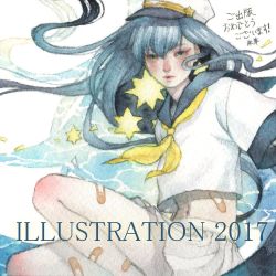 Rule 34 | 1girl, 2017, bandaid, bandaid on leg, bandaid on stomach, black sailor collar, blue hair, feet out of frame, floating hair, illustration.media, long hair, looking at viewer, midriff, navel, neckerchief, original, parted lips, pleated skirt, sailor collar, shirt, short sleeves, shuka (taupe), skirt, solo, white shirt, white skirt, yellow neckerchief