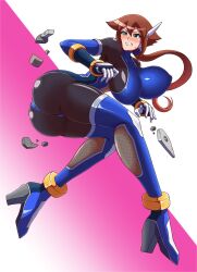 Rule 34 | 1girl, aile (mega man zx), alternate breast size, alternate costume, ass, black bodysuit, blush, bodysuit, bouncing breasts, breasts, brown hair, covered erect nipples, female focus, fishnets, from behind, green eyes, high heels, highres, large breasts, long hair, looking back, mega man (series), mega man zx, mega man zx advent, nobuyu (77yusei), ponytail, robot ears, skin tight, tagme, taimanin (series)