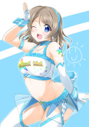 Rule 34 | 1girl, ;d, absurdres, anchor earrings, armlet, asakawa-san (8107ka), asymmetrical gloves, bare shoulders, blue background, blue choker, blue eyes, blue hairband, blue shorts, blush, breasts, brown hair, choker, clothing request, collarbone, commentary request, cowboy shot, crop top, earrings, elbow gloves, garter straps, gloves, groin, hair between eyes, hairband, highres, jewelry, looking at viewer, love live!, love live! sunshine!!, medium breasts, midriff, navel, one eye closed, open mouth, race queen, salute, shirt, short hair, short shorts, shorts, sidelocks, single elbow glove, smile, solo, standing, teeth, thighhighs, uneven gloves, upper teeth only, watanabe you, white background, white gloves, white shirt, white thighhighs, wristband