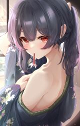 Rule 34 | 1girl, absurdres, adjusting hair, back, bare shoulders, black hair, black kimono, blush, closed mouth, dot nose, floral print, from side, hair between eyes, hair tie in mouth, hand on own chest, highres, idolmaster, idolmaster shiny colors, japanese clothes, kimono, long hair, long sleeves, looking at viewer, median furrow, morino rinze, mouth hold, off shoulder, ponytail, print kimono, red eyes, sidelocks, sky cappuccino, solo, upper body, wide sleeves