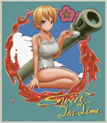 Rule 34 | 10s, 1girl, abazu-red, blonde hair, blue eyes, braid, breasts, casual one-piece swimsuit, cleavage, collarbone, cup, cursive, darjeeling (girls und panzer), english text, frilled swimsuit, frills, girls und panzer, highres, holding, holding cup, large breasts, legs, looking at viewer, nose art, one-piece swimsuit, pinup (style), seiza, sitting, smile, solo, swimsuit, tank gun, teacup, thighs, twitter username, white one-piece swimsuit
