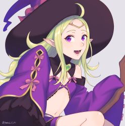 Rule 34 | 1girl, absurdres, broom, broom riding, circlet, detached sleeves, fire emblem, fire emblem awakening, fire emblem heroes, green hair, halloween, hat, highres, navel, nintendo, nowi (fire emblem), official alternate costume, peach11 01, purple eyes, purple hat, solo, witch, witch hat