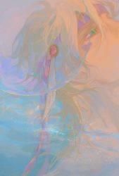 Rule 34 | 1boy, battle tendency, blonde hair, caesar anthonio zeppeli, close-up, facial mark, feather hair ornament, feathers, green eyes, hair ornament, headband, highres, jojo no kimyou na bouken, male focus, mitus, out of frame, partially submerged, pastel colors, solo