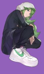 Rule 34 | 1boy, absurdres, black jacket, black pants, blue eyes, buttons, commentary, creatures (company), full body, game freak, green hair, highres, hood, hood up, jacket, long hair, long sleeves, male focus, n (pokemon), nike (company), nike air force 1, nintendo, odd (hin yari), pants, parted lips, pokemon, pokemon bw, purple background, shoes, simple background, smile, sneakers, solo, white footwear