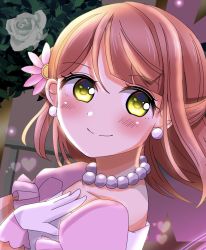 Rule 34 | 1girl, artist name, artist request, blush, bow, braid, braided bun, breasts, collarbone, dream with you (love live!), dress, dress bow, earrings, female focus, flower, frilled dress, frills, gloves, green eyes, hair bun, hand on own chest, heart, highres, jewelry, looking at viewer, love live!, love live! nijigasaki high school idol club, love live! school idol festival, necklace, orange hair, parted lips, pearl earrings, pearl necklace, pink bow, pink flower, pink wrist cuffs, puffy short sleeves, puffy sleeves, red hair, sakura (sasanohasarasa), short hair, short sleeves, side bun, single hair bun, smile, solo, uehara ayumu, upper body, white dress, white gloves, wrist cuffs, yellow eyes