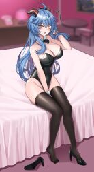 Rule 34 | 1girl, ;o, absurdres, ahoge, alternate costume, bad id, bad twitter id, bare arms, bare shoulders, bed, bed sheet, between legs, black bow, black bowtie, black footwear, black leotard, black thighhighs, blue hair, blurry, blurry background, blush, bow, bowtie, breasts, chair, cleavage, collar, contemporary, covered navel, crossed bangs, detached collar, feet, full body, ganyu (genshin impact), genshin impact, goat horns, groin, hand between legs, hand in own hair, hand up, high heels, highleg, highleg leotard, highres, horns, indoors, knees together feet apart, lamp, large breasts, legs, leotard, long hair, looking at viewer, nanni jjang, nontraditional playboy bunny, on bed, one eye closed, open mouth, painting (object), phone, purple eyes, shoes, sidelocks, single shoe, sitting, solo, squiggle, strapless, strapless leotard, table, tearing up, thighhighs, thighs, unworn shoe, unworn shoes, white collar