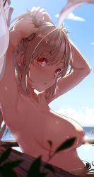 Rule 34 | 10s, 1girl, areola slip, armpits, arms up, bathing, bikini tan, blue sky, blurry, breasts, censored, censored nipples, convenient censoring, day, depth of field, from side, hair ribbon, highres, kantai collection, leaf, leaf censor, light brown hair, looking at viewer, medium breasts, murasame (kancolle), nude, parted lips, partially submerged, petals, red eyes, ribbon, satsuki neko, sky, solo, steam, steam censor, tan, tanline, twintails, tying hair, wet