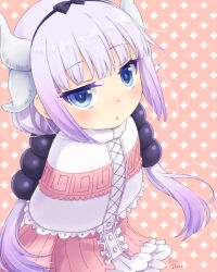 Rule 34 | 1girl, beads, blue eyes, blush, capelet, center frills, dragon girl, dragon horns, dress, frills, fur collar, gradient hair, hair beads, hair ornament, hairband, horns, ibuki ena, jitome, kanna kamui, kobayashi-san chi no maidragon, looking at viewer, low twintails, multicolored hair, parted lips, pink background, purple hair, solo, twintails