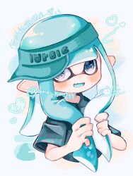 Rule 34 | 1girl, aqua hair, aqua hat, artist name, blue eyes, commentary, cropped torso, fang, highres, inkling, inkling girl, inkling player character, long hair, looking at viewer, multicolored background, nintendo, open mouth, pointy ears, sideways hat, skin fang, smile, solo, splatoon (series), symbol-only commentary, tentacle hair, translation request, twitter username, una ku 277, upper body, visor cap